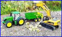 RCJohn Deere 6190R tractor, Bruder tipper trailer, and RC Huina excavator claw